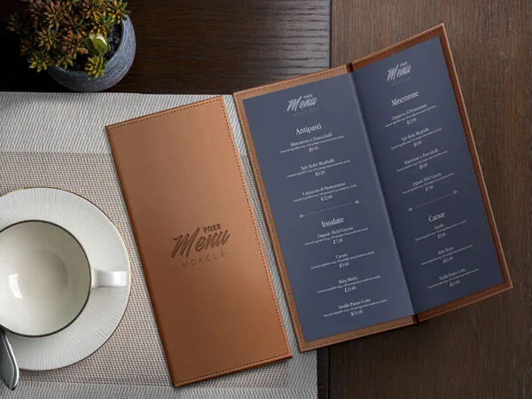 Top View Open Tri Fold Leather Restaurant Menu Mockup 1