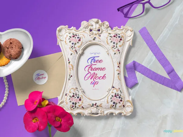 Top View Picture Frame Mockup Scene with Cookies Envelope etc. 1