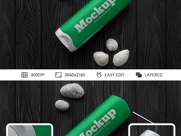 Top View Shampoo Bottle on Wooden Table Mockup with Seashells 1