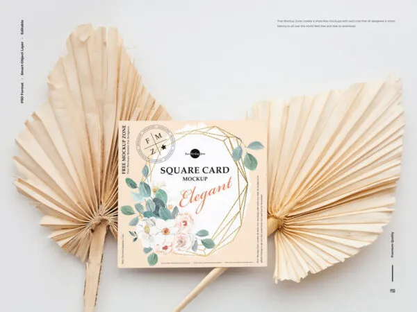 Top View Square Card on Dry Leaves Mockup 1
