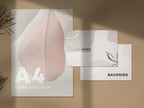 Top View Stationery Mockup Featuring A4 Paper and Two Postcards 1