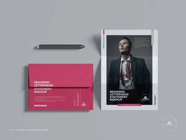 Top View Stationery Mockup Including Letterhead Envelope and Pen 1