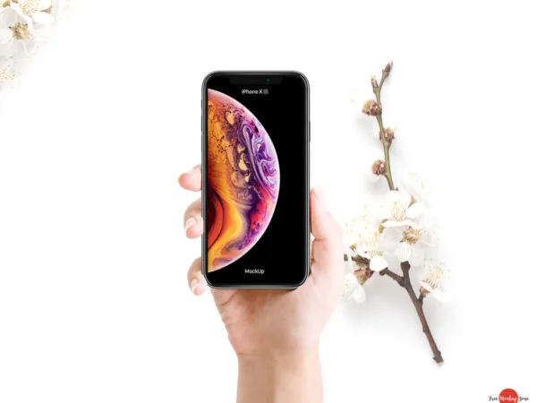 Top View Woman Holding iPhone XS with Blossoms Mockup 1