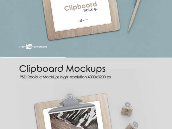 Top View Wooden Clipboard Mockup with Clips and Pen 1