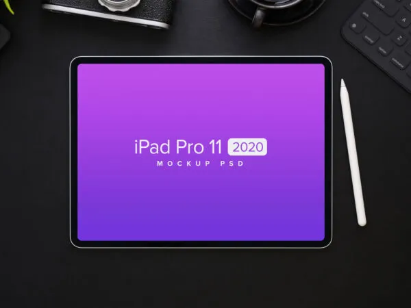 Top View iPad Pro 11 2020 on Dark Worktop Mockup 1