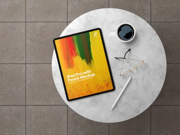 Top View iPad Pro with Glasses on Marble Mockup Scene 1