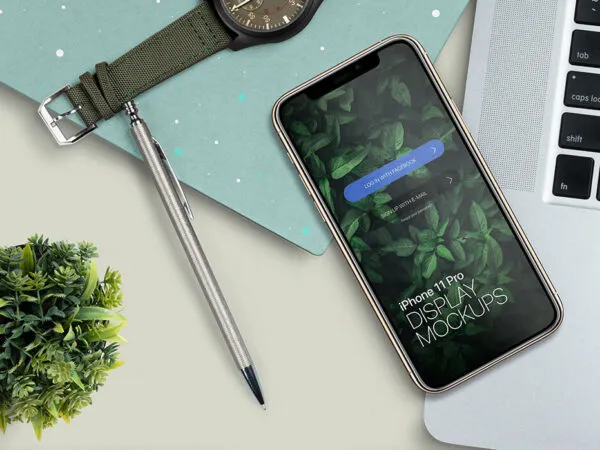 Top View iPhone 11 Pro on a Workstation Mockup 1