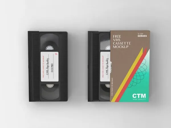 Top View of 2 Vintage VHS Cassettes Mockup 1