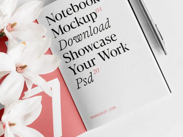 Top View of Artistic Notebook Mockup with Flowers 1