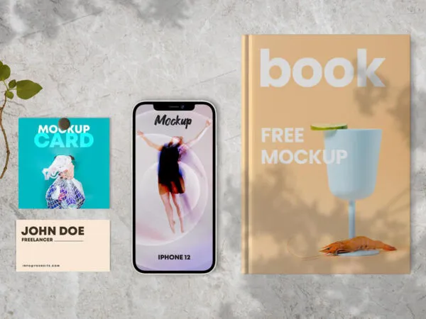Top View of Book Business Cards and iPhone 12 Mockup 1