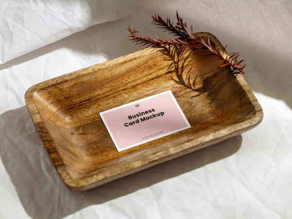 Top View of Business Card Mockup in Deep Wood Plate 1