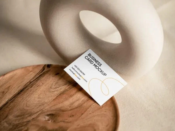 Top View of Business Card Mockup on Wooden Plate 1