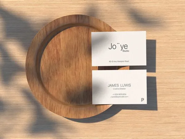 Top View of Business Cards Mockup on Wooden Plate 1
