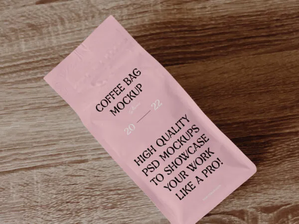 Top View of Coffee Bag Mockup on Wooden Table 1