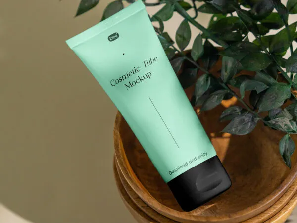 Top View of Cosmetic Tube Mockup on Wooden Bowl 1