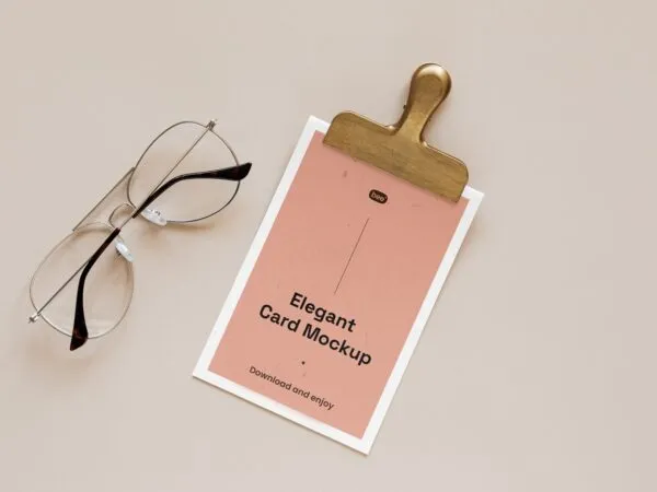 Top View of Elegant Card Mockup Featuring Clip and Glasses 1