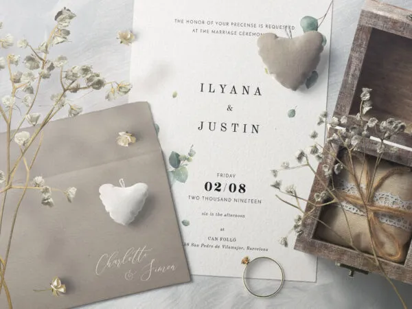 Top View of Invitation Card Mockup with Plush Hearts 1