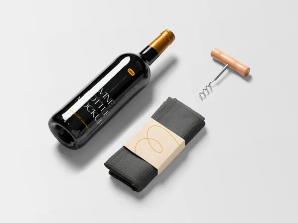 Top View of Lying Wine Bottle Mockup with Dishcloth 1