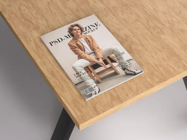 Top View of Magazine Mockup on Wooden Table 1