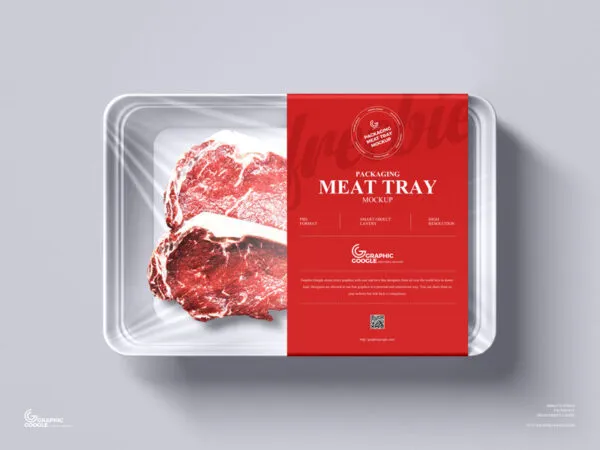 Top View of Meat Products in Tray Packaging with Cellophane Mockup 1