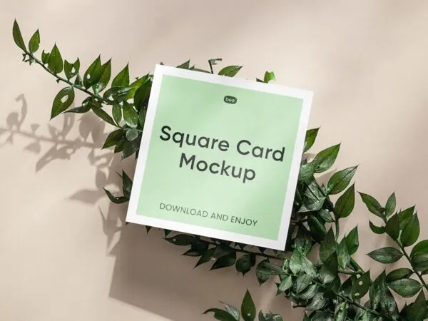Top View of Mini Square Card Mockup on Plant 1