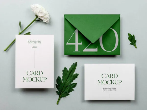 Top View of Mini Stationery Set Mockup with Flower 1