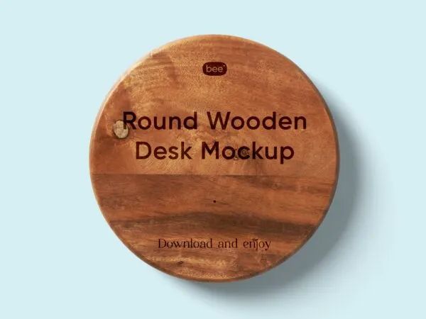 Top View of Minimal Round Wooden Desk Mockup 1