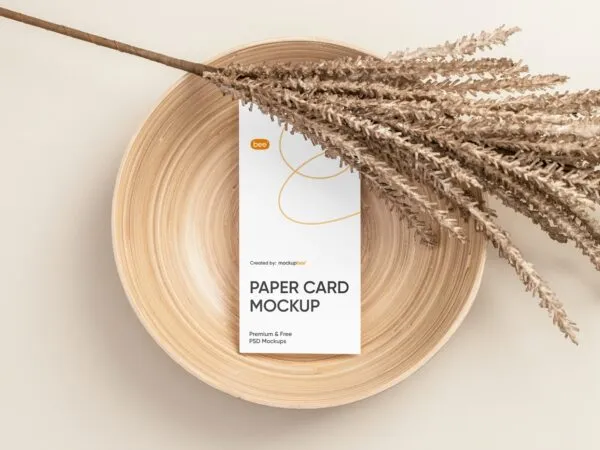 Top View of Modern Vertical Paper Card Mockup on Plate 1