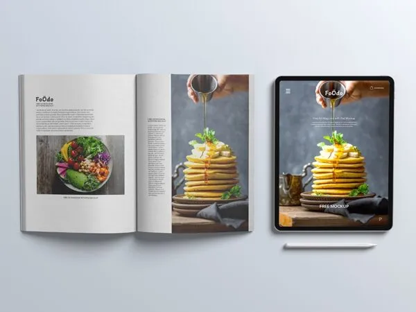 Top View of Open A4 magazine with iPad Pro Mockup 1