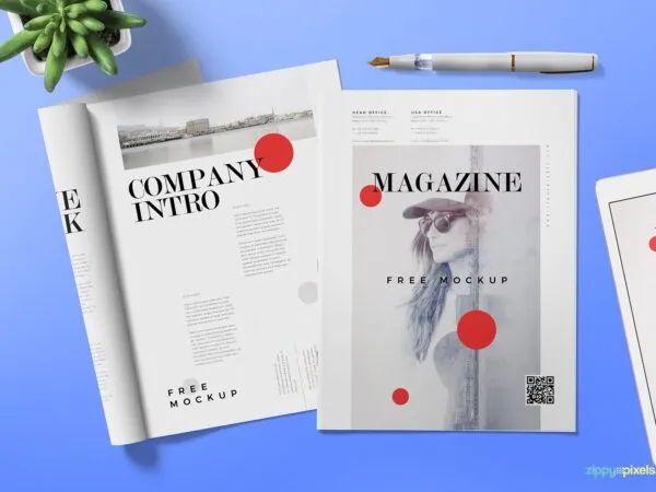 Top View of Open Folded Magazine and iPad Pro Mockup 1