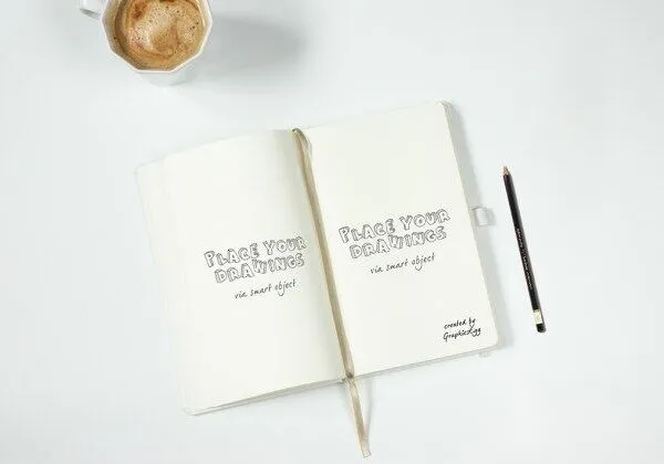 Top View of Open Notebook Mockup with Coffee Cup 1