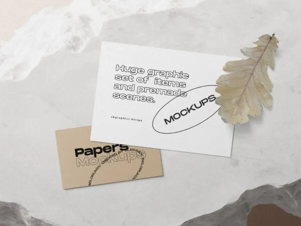 Top View of Paper Cards Mockup with Oak Leaf 1