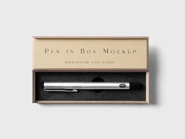 Top View of Pen Inside Its Wooden Box Mockup 1