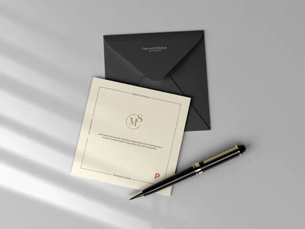 Top View of Square Invitation Card and Envelope Mockup 1