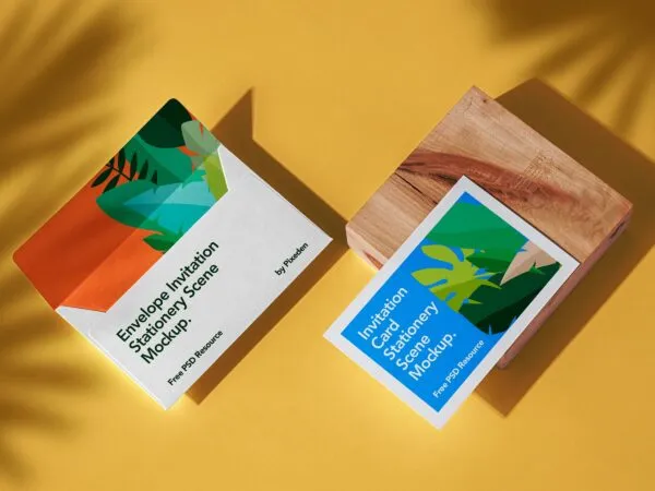 Top View of Stationery Envelope and Invitation Card Mockup 1