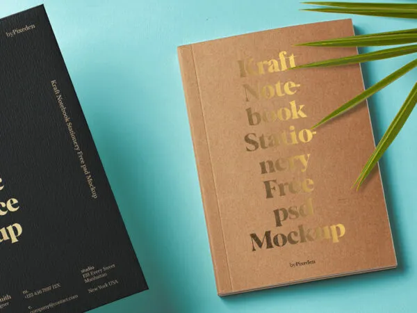 Top View of Stationery Set Kraft Notebook Mockup 1