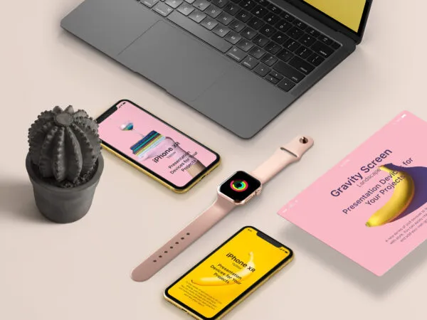 Top View of Two Smartphones and Smartwatch Mockup 1