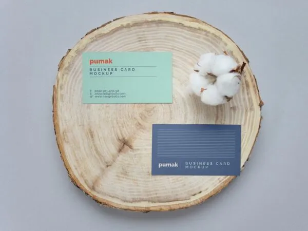 Top View of Two Trendy Business Cards Mockup on Rustic Stump 1