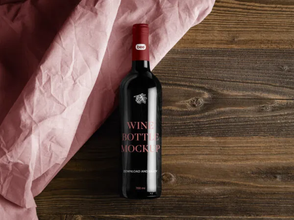 Top View of Wine Bottle Mockup on Wooden Desk 1