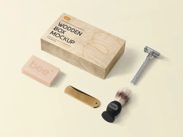 Top View of Wooden Box Mockup Featuring Facial Make up Set 1