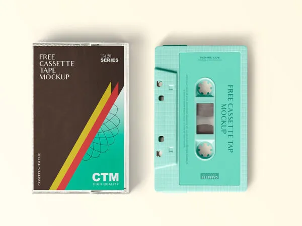 Top View of a Cassette Tape and Cover Mockup 1