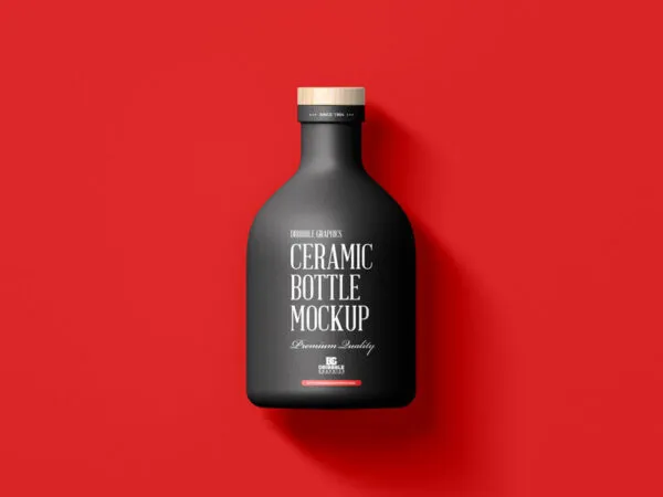 Top View of a Ceramic Bottle with Wooden Cap Mockup 1