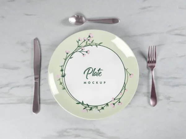 Top View of a Ceramic Plate with Utensils Mockup 1