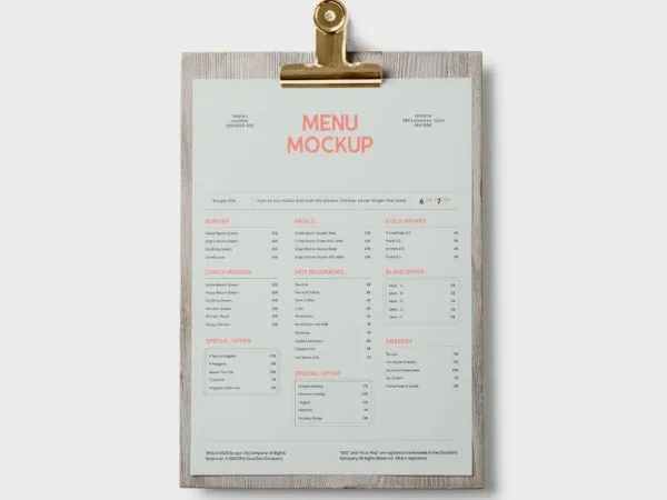 Top View of a Clipboard A4 Menu Mockup 1