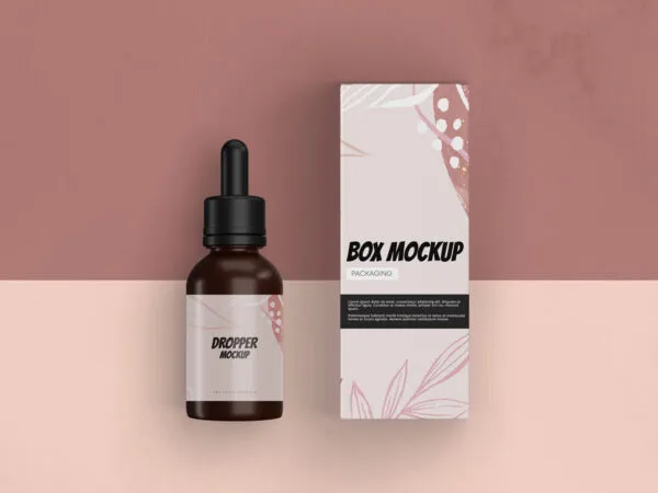 Top View of a Drop Bottle with Its Packaging Box Mockup 1
