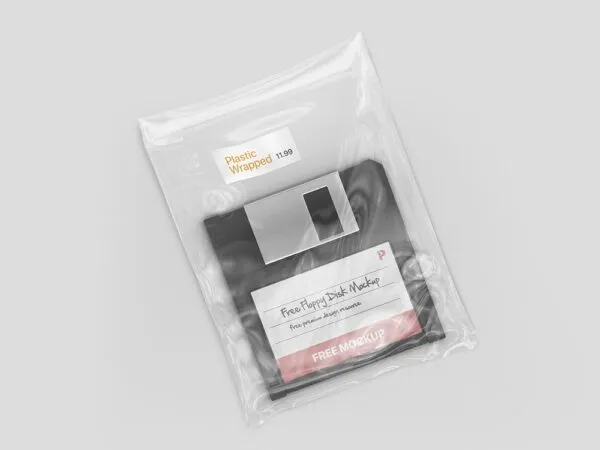 Top View of a Floppy Disk in a Clear Plastic Wrap Mockup 1