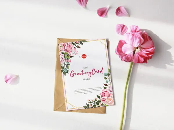 Top View of a Floral Greeting Card Mockup 1