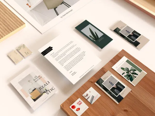 Top View of a Flyer Postcard Rack card Rectangle and Square Business Cards Mockup 1