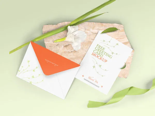Top View of a Greeting Card with Its Envelope Mockup 1