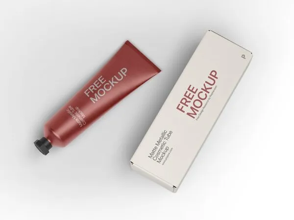 Top View of a Matte Metallic Tube and Its Packaging Box Mockup 1